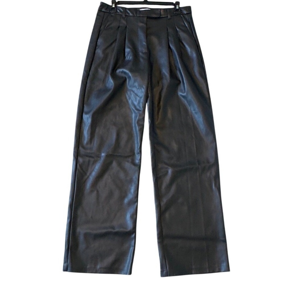 Steve‎ Madden Black Faux Leather Pleated Wide Leg Trousers DO33109R Womens